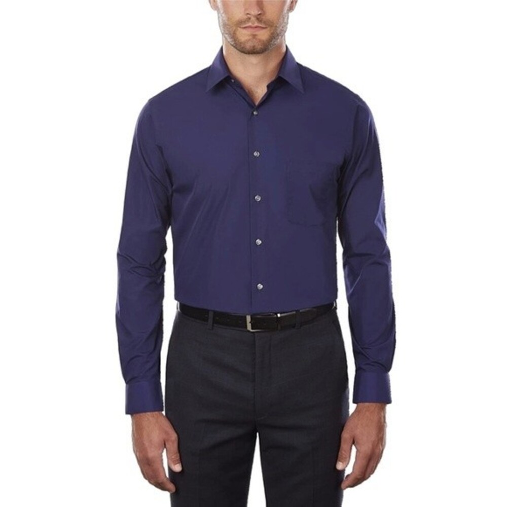 VAN HEUSEN Men Classic-Fit Long Sleeve Navy Poplin Dress Shirt Size 17 1/2